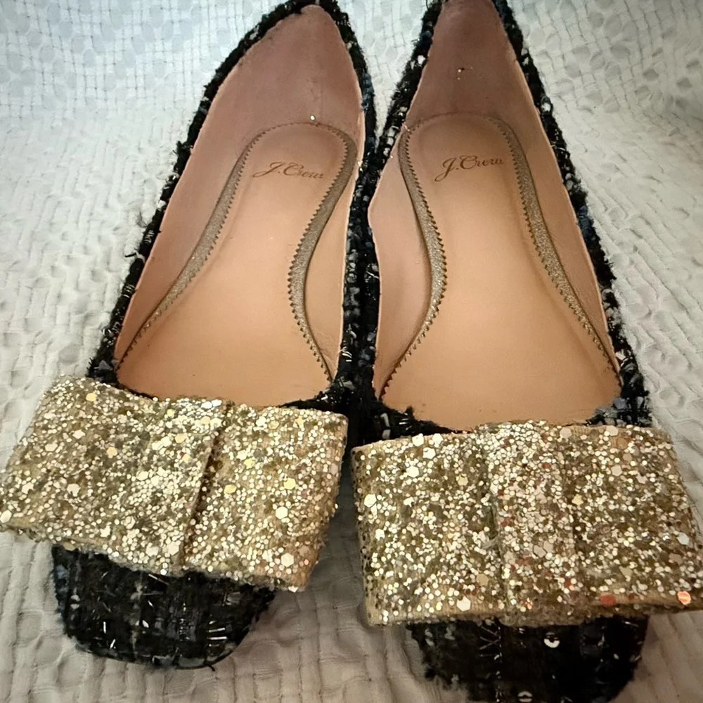 J Crew Women's Poppy Ballet Flats Tweed Glitter Bow Ocean Black Shoes SZ 7